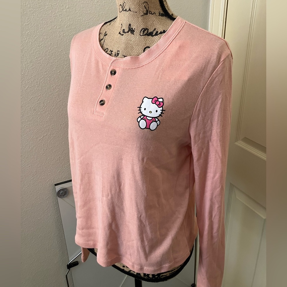 Hybrid Apparel hello kitty Pink Long Sleeve Henley tee shirt XL - Picture 2 of 5